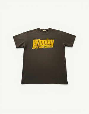 Amateur vintage washed-black cotton t-shirt with yellow Winning Bicycle Racing Illustrated graphic print