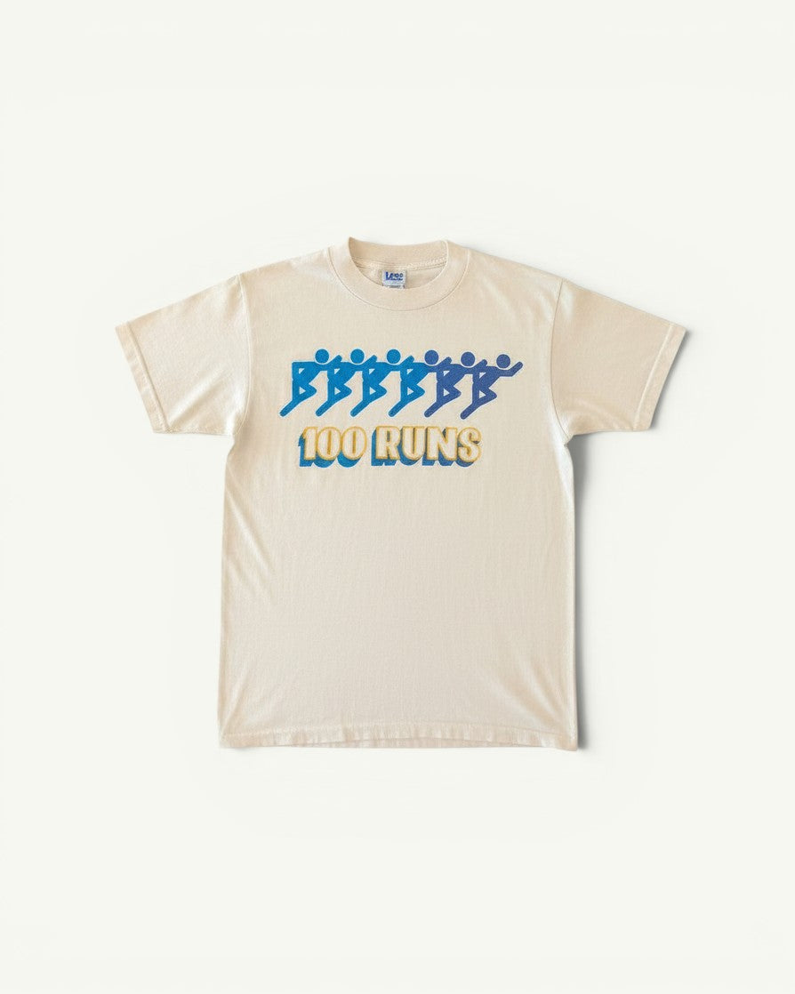 Amateur vintage white cotton T-shirt featuring a blue graphic of running figures and 100 Runs text.