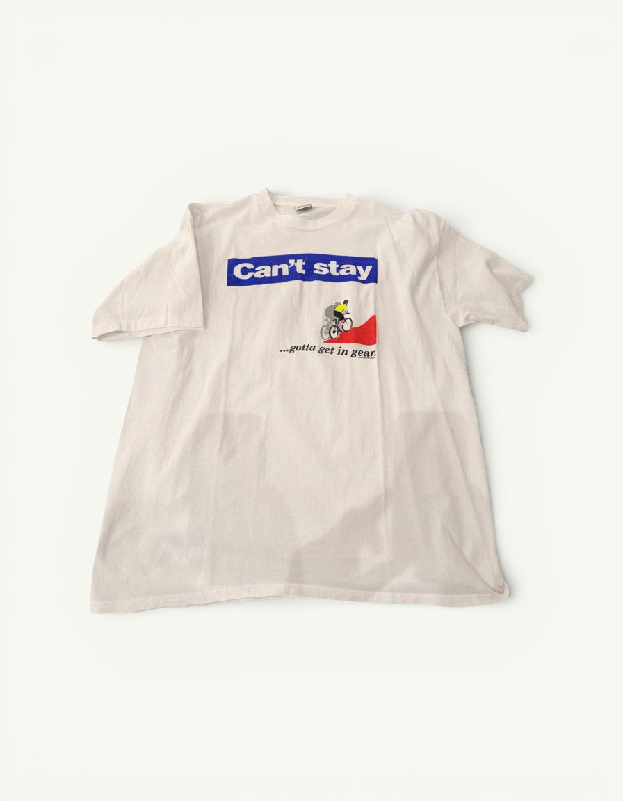 Amateur vintage white cotton t-shirt featuring a cyclist graphic and Can't stay gotta get in gear text