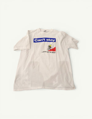 Amateur vintage white cotton t-shirt featuring a cyclist graphic and Can't stay gotta get in gear text