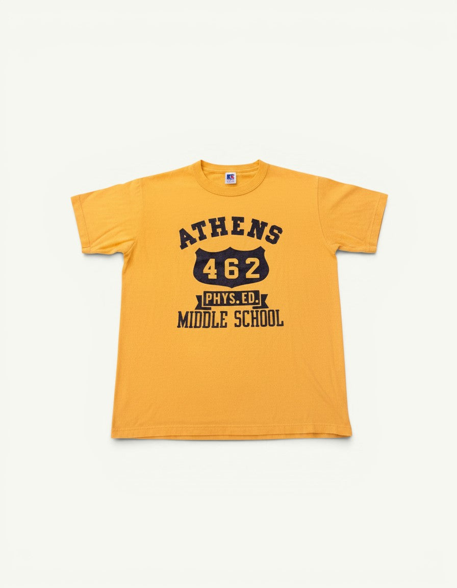 Amateur vintage yellow cotton t-shirt with Athens 462 Phys. Ed. Middle School graphic print
