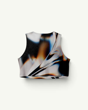 Amateur White Glass crop singlet with a quick-drying four-way stretch fabric and abstract reflective print.