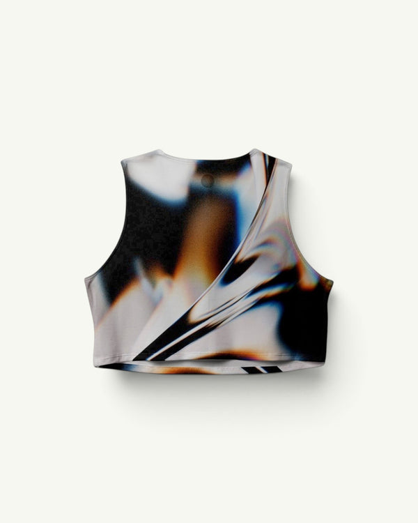 Amateur White Glass crop singlet with a quick-drying four-way stretch fabric and abstract reflective print.