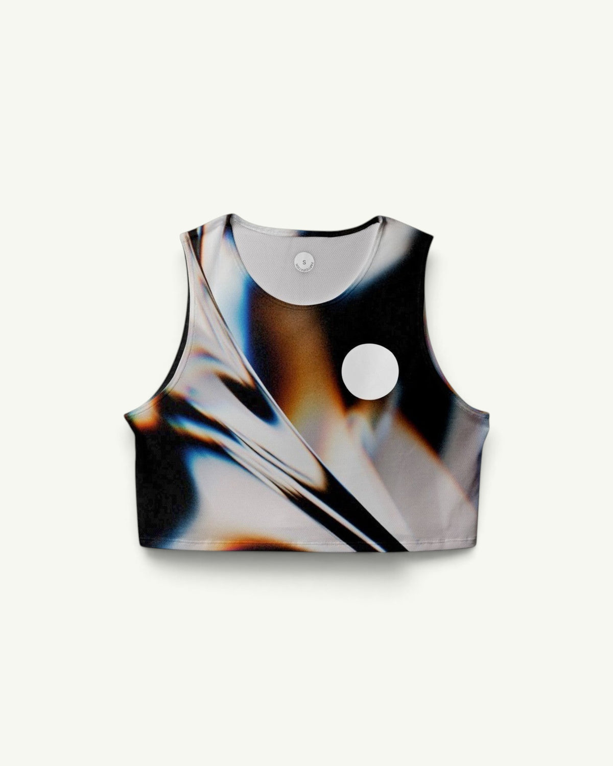 Amateur White Glass crop singlet featuring a quick-drying, four-way stretch fabric with an abstract glass print.