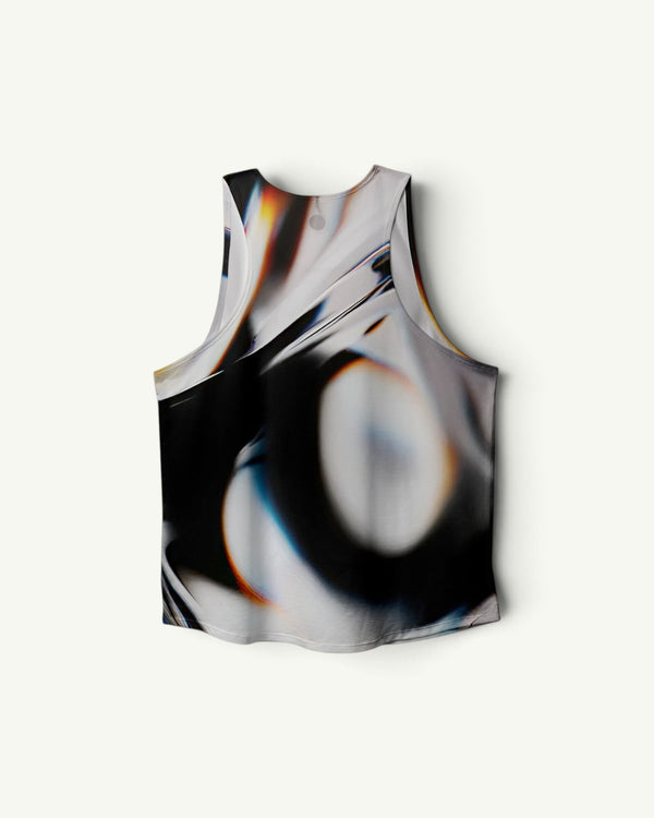 Amateur White Glass singlet featuring a blurred abstract glass print on lightweight, moisture-wicking stretch fabric.