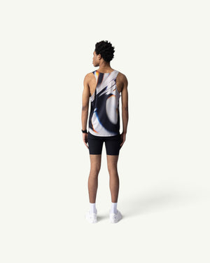Amateur White Glass singlet with blurred abstract print on a male runner, back view showing lightweight performance fit