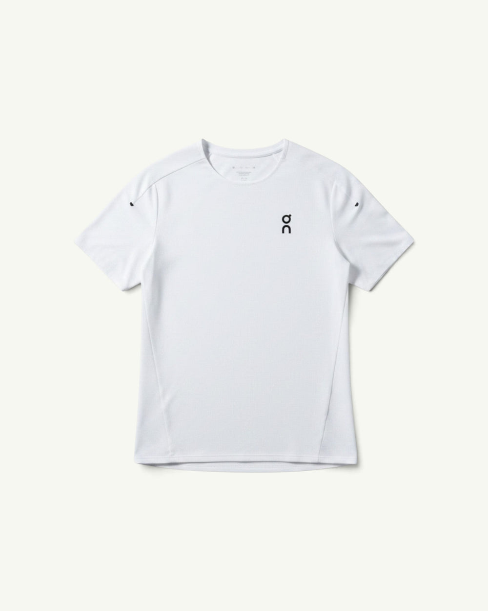 Amateur white technical running t-shirt with short sleeves, moisture-wicking fabric, and athletic fit.