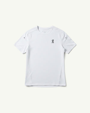 Amateur white technical running t-shirt with short sleeves, moisture-wicking fabric, and athletic fit.