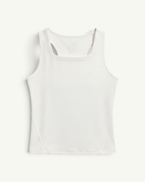 Amateur women's white Dri-FIT trail running tank top with a racerback design and reflective logo detail.