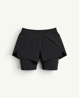 Amateur women's black 3-inch performance 2-in-1 running shorts with a supportive inner tight and elastic waistband.