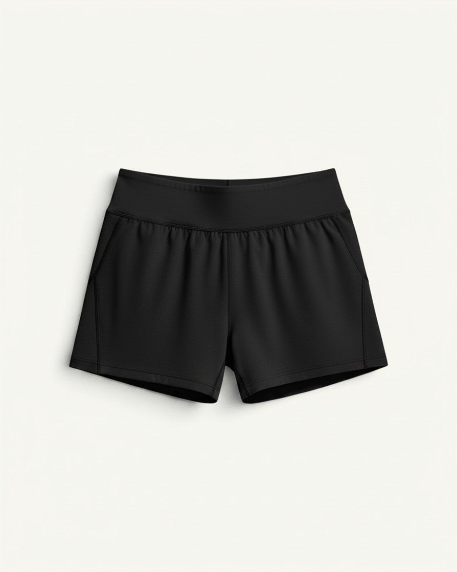 Amateur women's black 3-inch performance running shorts in supportive stretch fabric for track and interval training.