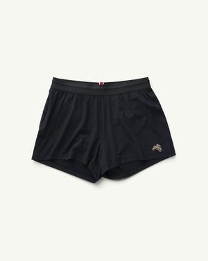 Amateur women's black Session running shorts featuring a lightweight stretch fabric and a small embroidered logo.