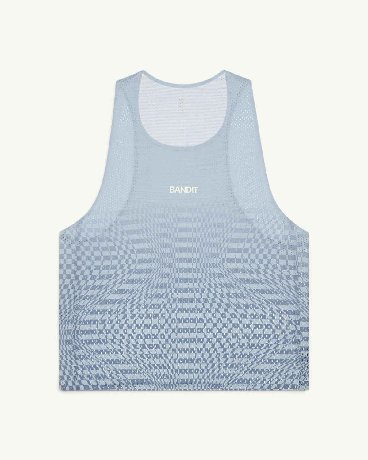 Amateur women's light blue CoolGrid race singlet with a sheer shadow-stripe knit pattern and reflective branding.