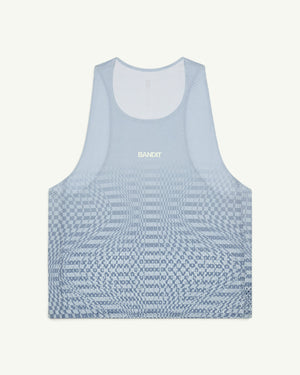 Amateur women's light blue CoolGrid race singlet with a sheer shadow-stripe knit pattern and reflective branding.