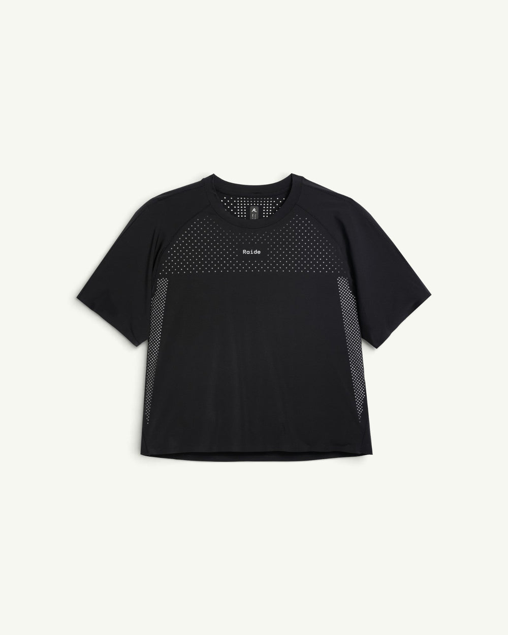 Amateur women's black thermal dispersion trail tee with perforated heat-management panels for mountain activities.