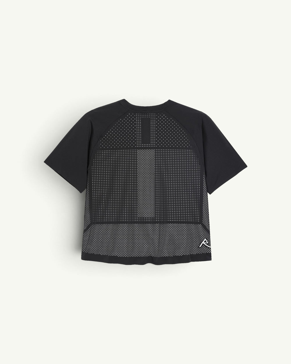 Amateur women's black thermal dispersion trail tee with perforated heat-management panels for mountain activities.