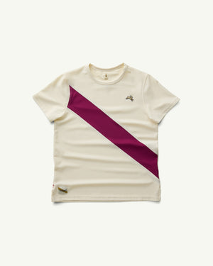 Amateur Women's Van Cortlandt performance tee in cream mesh with a diagonal burgundy sash and small logo detail