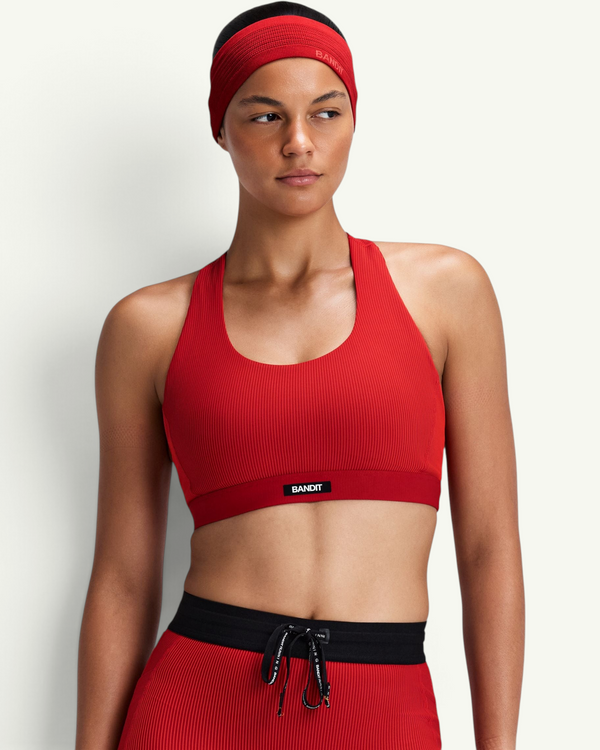 Bandit Women's Striped Cadence Scoop Neck T-Back Run Bra, Oxide Red/Signal Red | Amateur