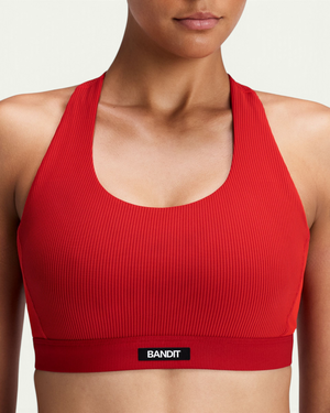 Bandit Women's Striped Cadence Scoop Neck T-Back Run Bra, Oxide Red/Signal Red | Amateur