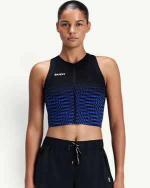 Bandit Women's Striped Cadence Zip Front T-Back Race Crop, Black/Bauhaus Blue | Amateur