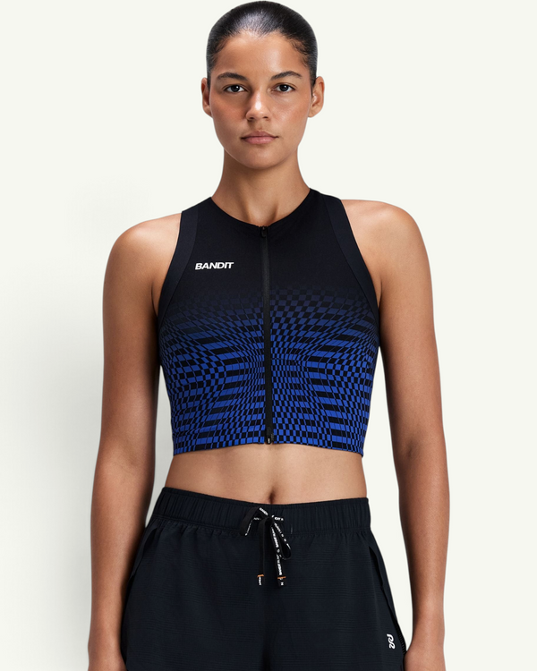 Bandit Women's Striped Cadence Zip Front T-Back Race Crop, Black/Bauhaus Blue | Amateur