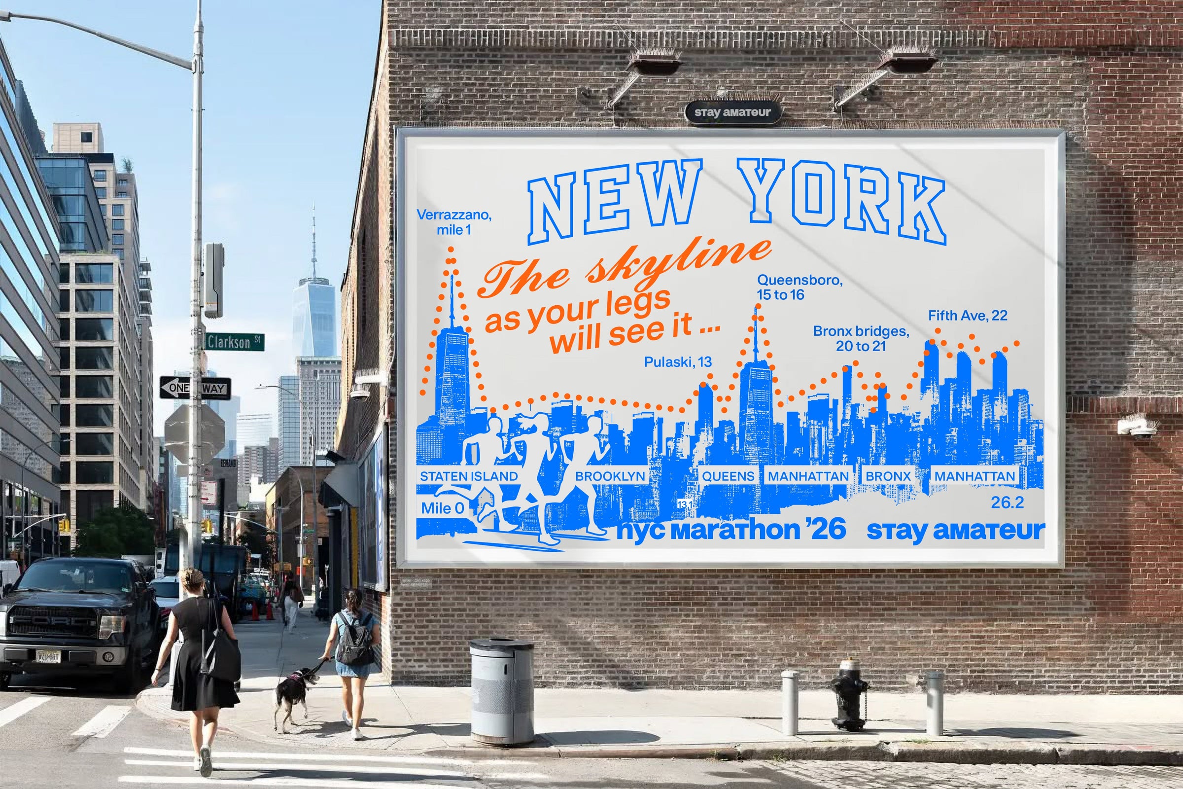 Billboard: New York, the skyline as your legs will see it. The course elevation drawn as the Manhattan skyline, with the Verrazzano, Pulaski, Queensboro, Bronx bridges and Fifth Avenue marked