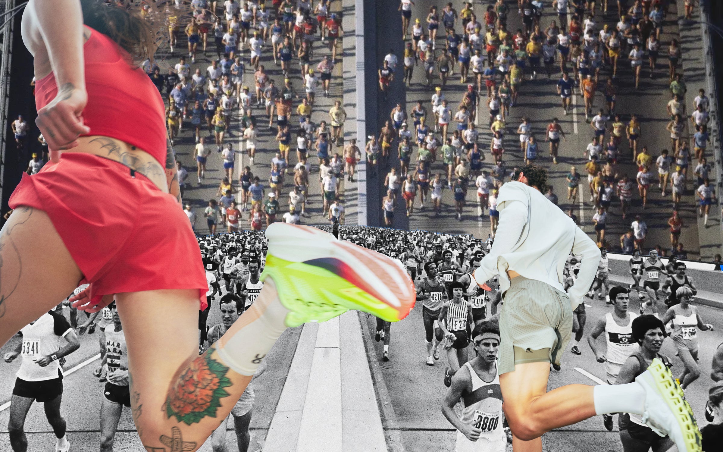 Collage: two runners in colour, mid-stride, over the 1970s field crossing the Verrazzano-Narrows Bridge