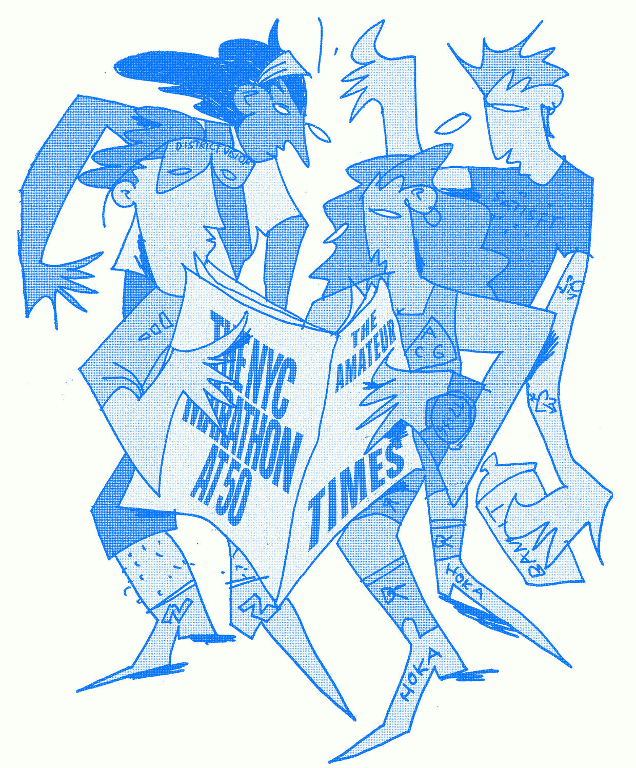Illustration of three runners reading a newspaper called The Amateur Times, headline: The NYC Marathon at 50