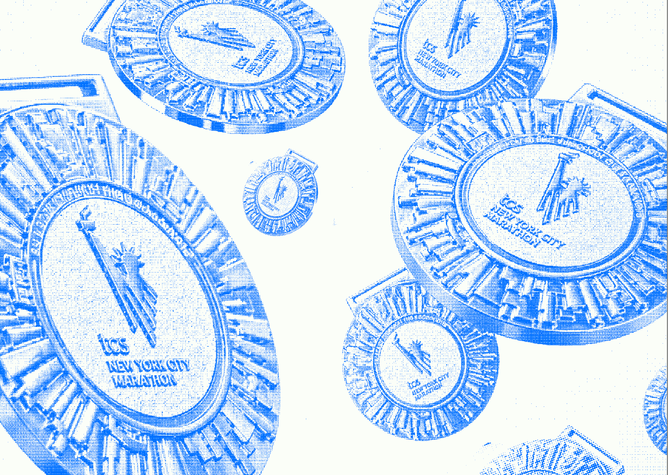Illustration: this year's finisher medal, a gold sunburst with the five bridges, shown several times in motion